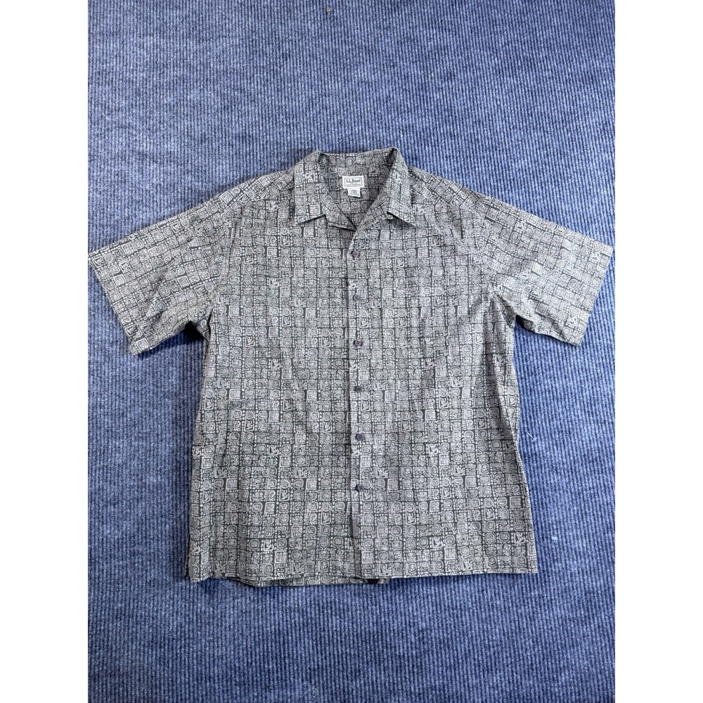 Vintage L.L. Bean Men's Gray Geometric Short Sleeve Button-Up Cotton Shirt L‎